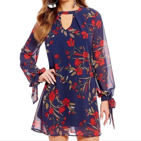 Chelsea & Violet Dresses & Skirts - Chelsea & Violet Navy and Red Floral Long Sleeve‎ Dress Large Tie Cuffs